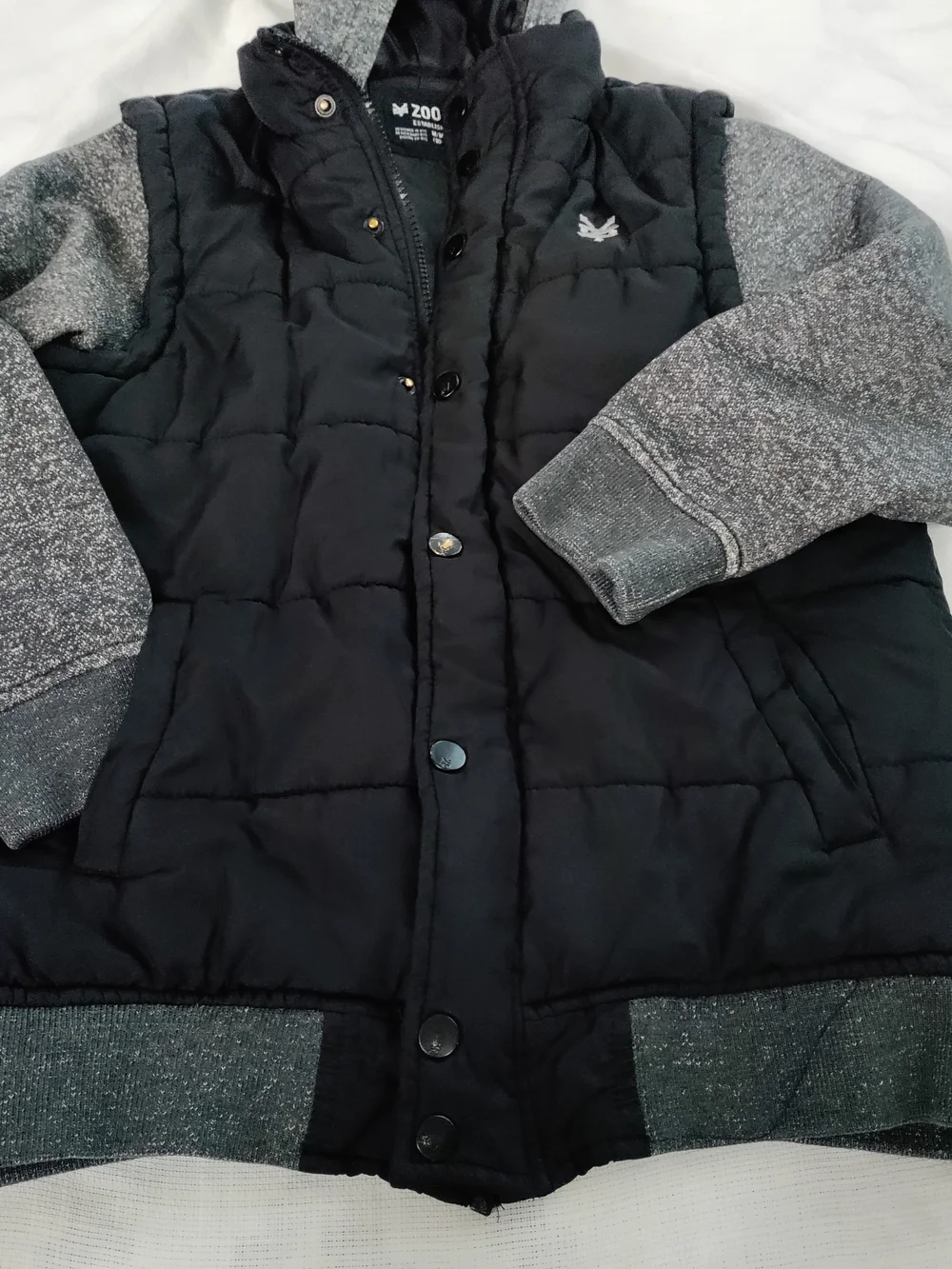 Zoo York Black Puffer Jacket with Gray Hood & Sleeves
